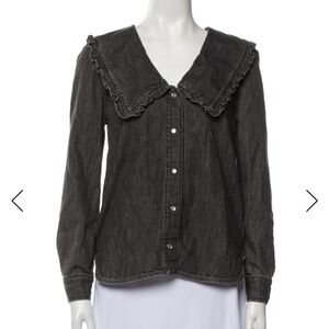 Ganni Black Denim Ruffle Collar Top